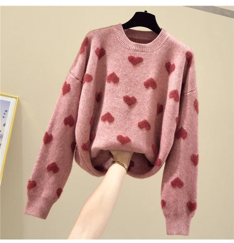 Pink Heart Winter Knitted Sweater