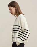 Dropped-Shoulder V-Neck Striped Cardigan Sweater