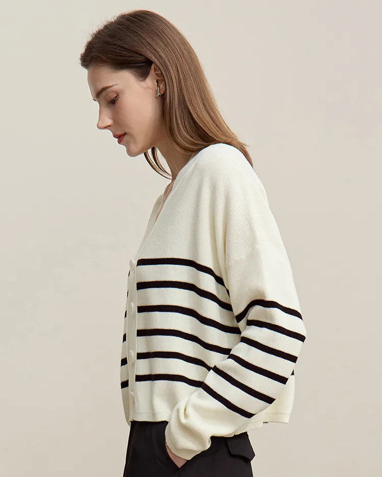 Dropped-Shoulder V-Neck Striped Cardigan Sweater