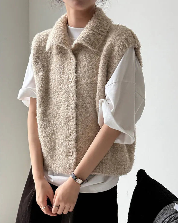 Turn Down Collar Knit Sleeveless Vest