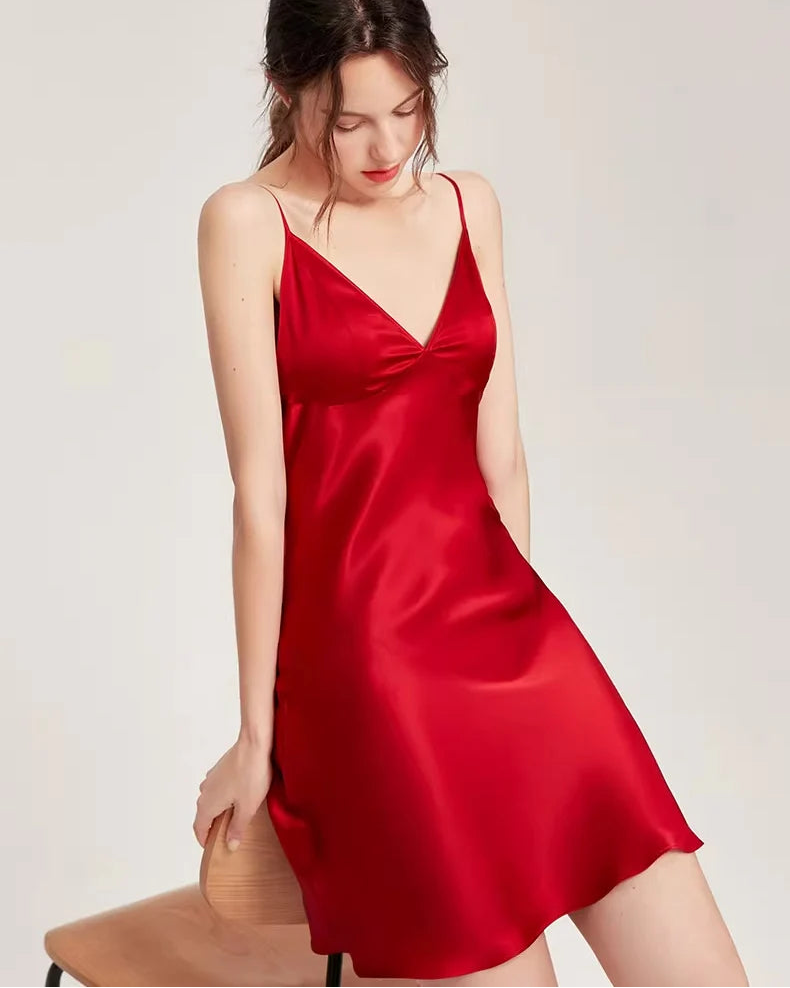 Women's Silk V-Neck Spaghetti Strap Dress