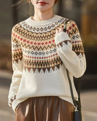 Merino Wool Geometric Round Neck Raglan Sleeve Knit Pullover
