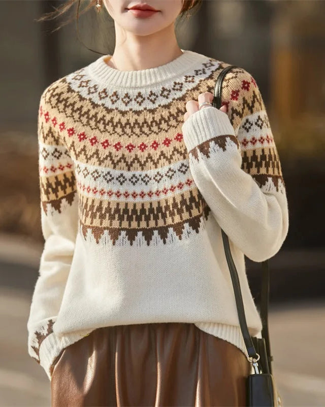 Merino Wool Geometric Round Neck Raglan Sleeve Knit Pullover