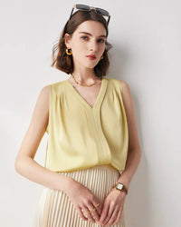 V-neck Solid Color Commuter Mulberry Silk Sleeveless Shirt