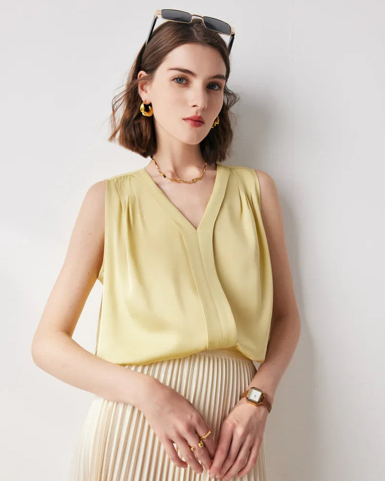 V-neck Solid Color Commuter Mulberry Silk Sleeveless Shirt