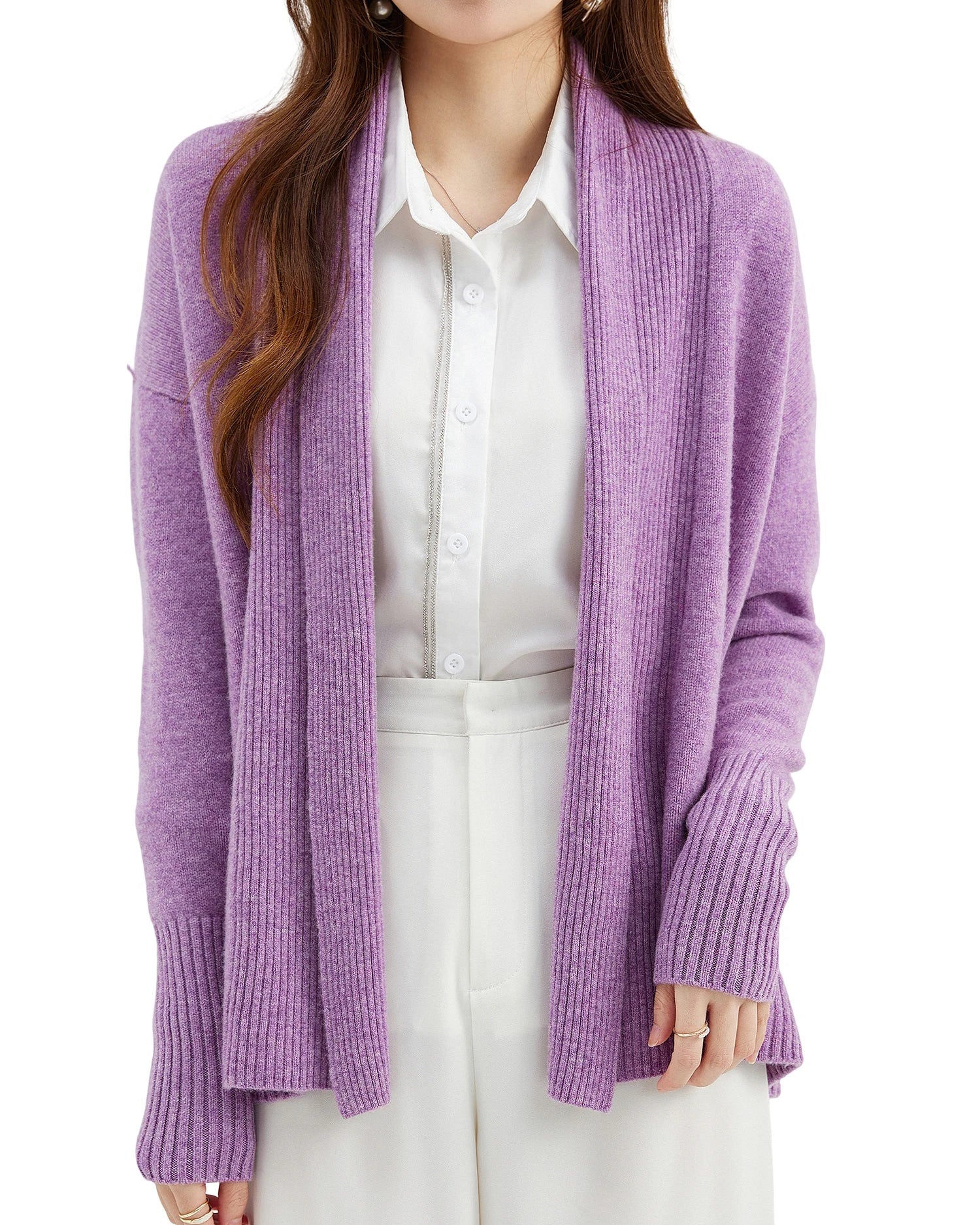 Merino Wool Solid Scarf Collar Loose Knit Cardigan