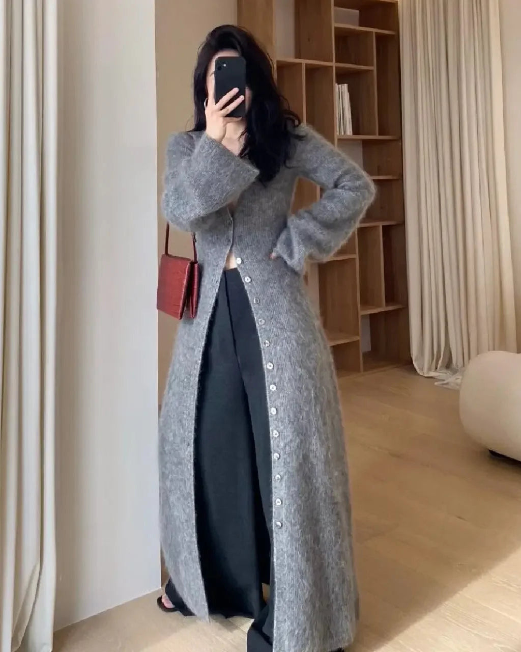 V-Neck Geometric Knit Long Cardigan