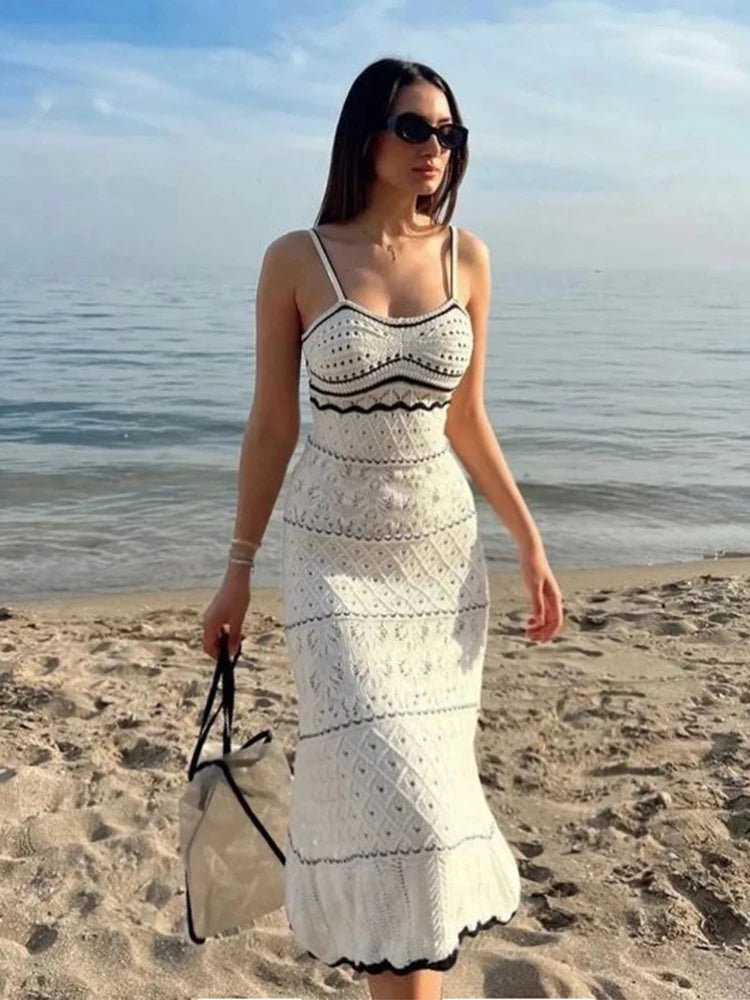 Striped Knit Cut Out Long Halter Beach Dress Swimsuit Cover Up