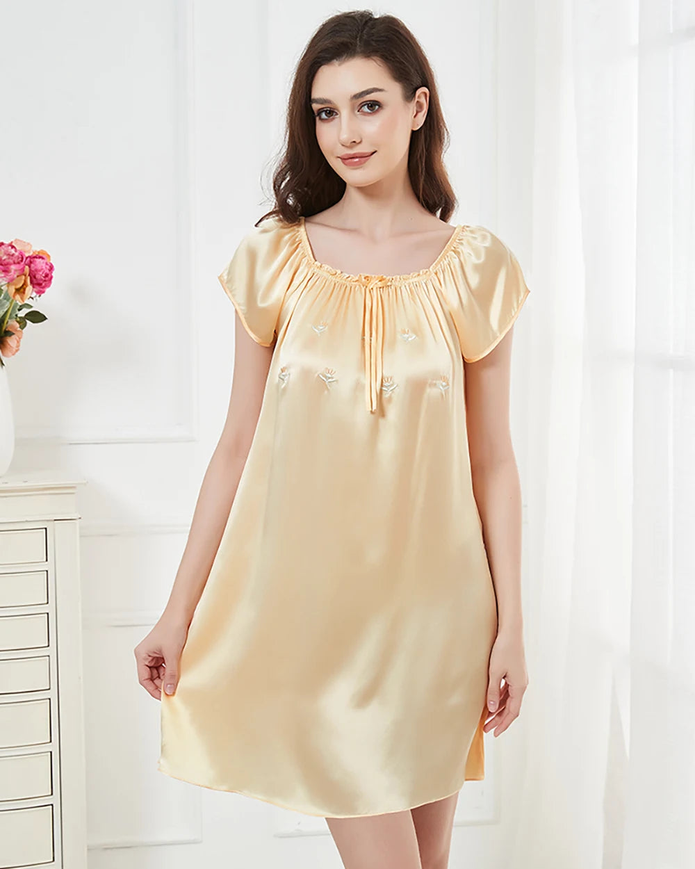 Mulberry Silk Flutter-Sleeve Mini Nightgown
