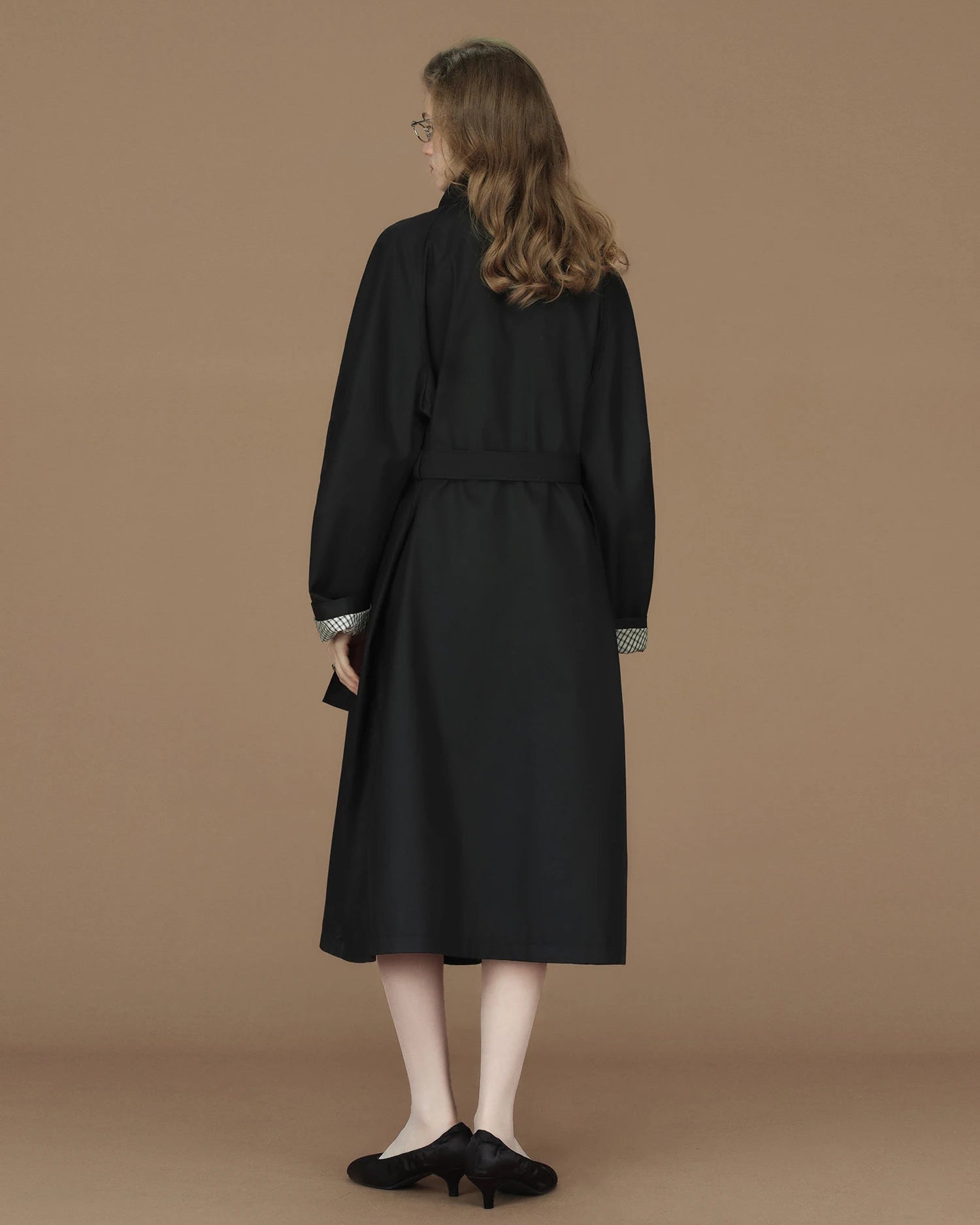Contrast-Cuff Stand-Collar Long Trench Coat
