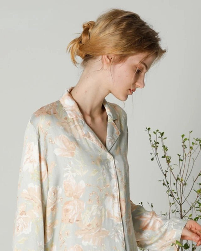 Flowers Print Shirt & Trousers Pajamas Set