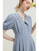 Solid Pleated Polo Neck Puff Sleeve Dress