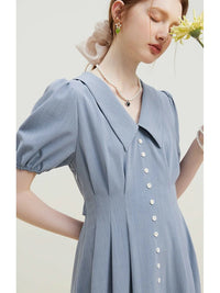 Solid Pleated Polo Neck Puff Sleeve Dress