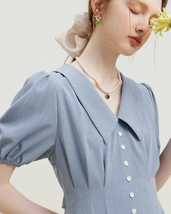 Solid Pleated Polo Neck Puff Sleeve Dress