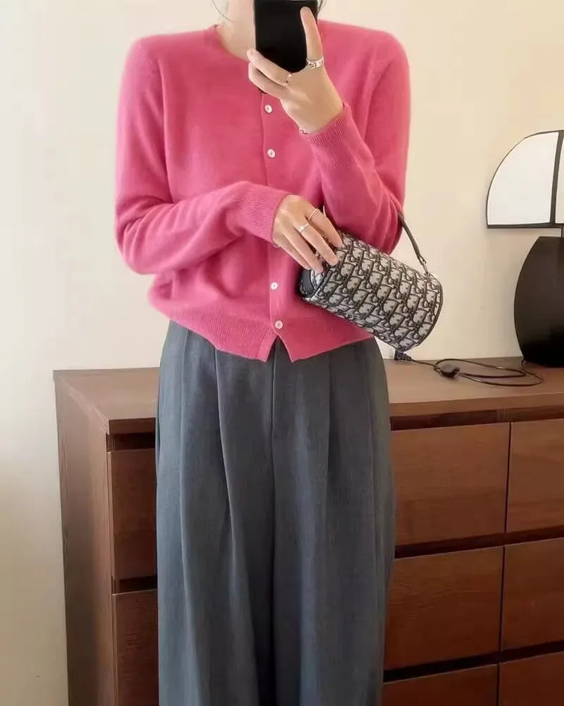 Pure Wool Round-Neck Slim Cardigan