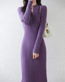 Wool Solid Half-Open Collar Slim Long Knit Dress