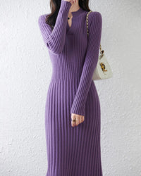 Wool Solid Half-Open Collar Slim Long Knit Dress
