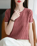 Women's Cotton Jacquard Colorblock Tee. A breathable hollow-out knit top in a relaxed fit — effortlessly styled for summer. 