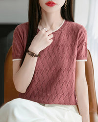Women's Cotton Jacquard Colorblock Tee. A breathable hollow-out knit top in a relaxed fit — effortlessly styled for summer. 