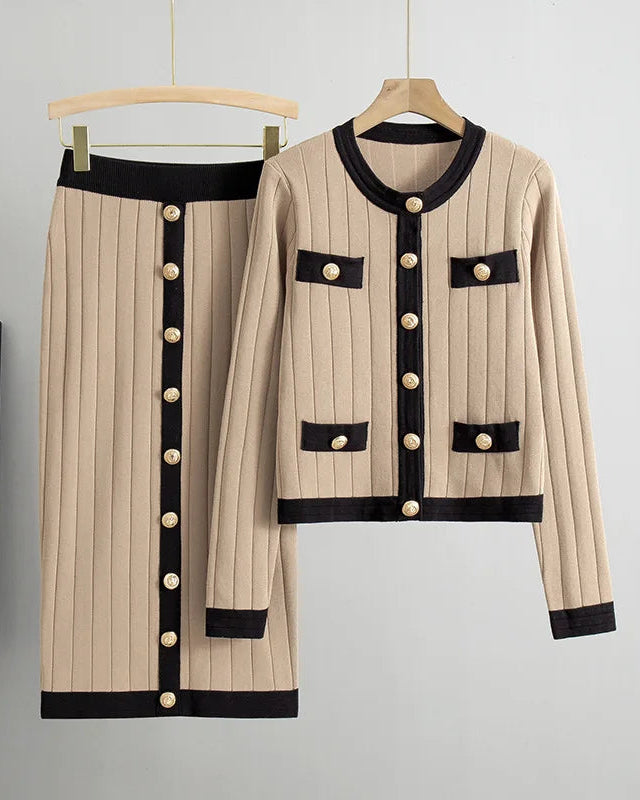 O-neck single-breasted knit cardigan and pencil skirt 2-piece set. Viscose-polyester blend, solid colour — elegant office style for autumn and winter.