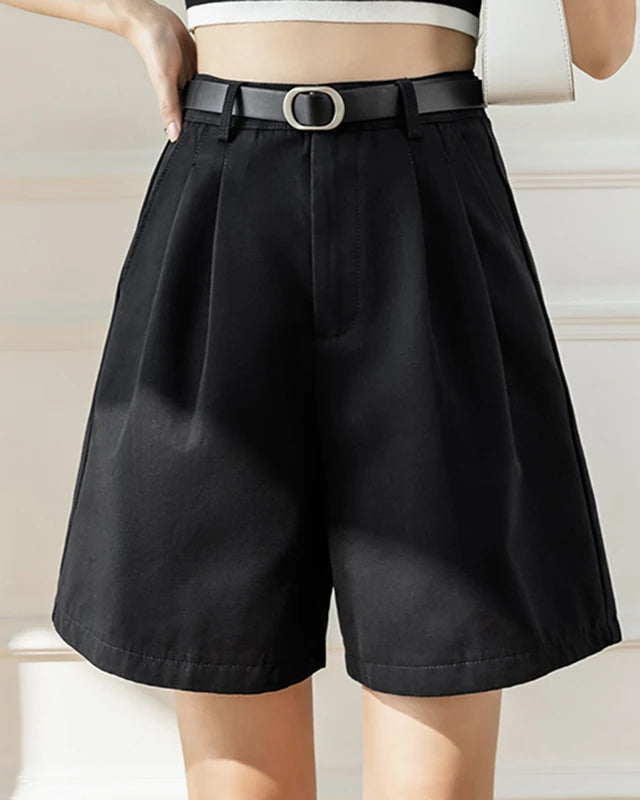 Relaxed High-Waist Belted Casual Shorts