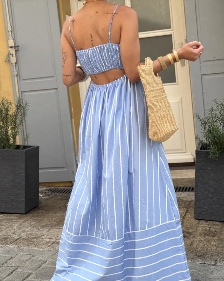 Striped Spaghetti-Strap Backless Maxi Dress