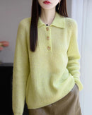 Merino Wool Hollow Polo Collar Loose Thick Knit Pullover