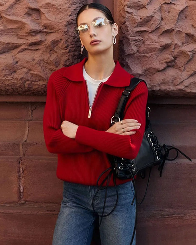 Casual Lapel Zipper Pullover Sweater