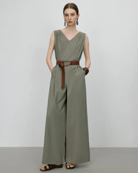 Women's High-Waist wide-leg tank jumpsuit crafted from breathable cotton-nylon blend with stretch, featuring a figure-lengthening silhouette and cool sleeveless elegance for summer.