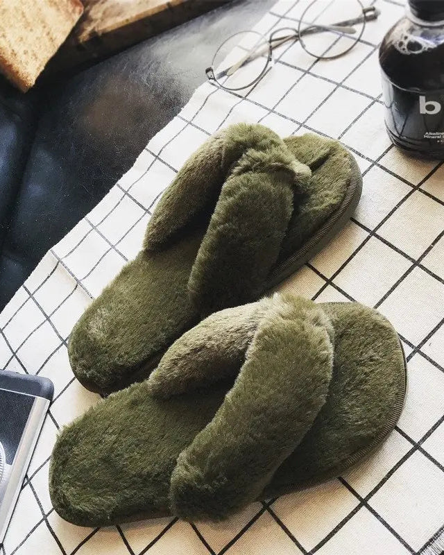 Women's Furry Cross-Strap Open-Toe Slippers