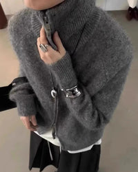 100% Wool Turtleneck Double-Zip Loose Cardigan