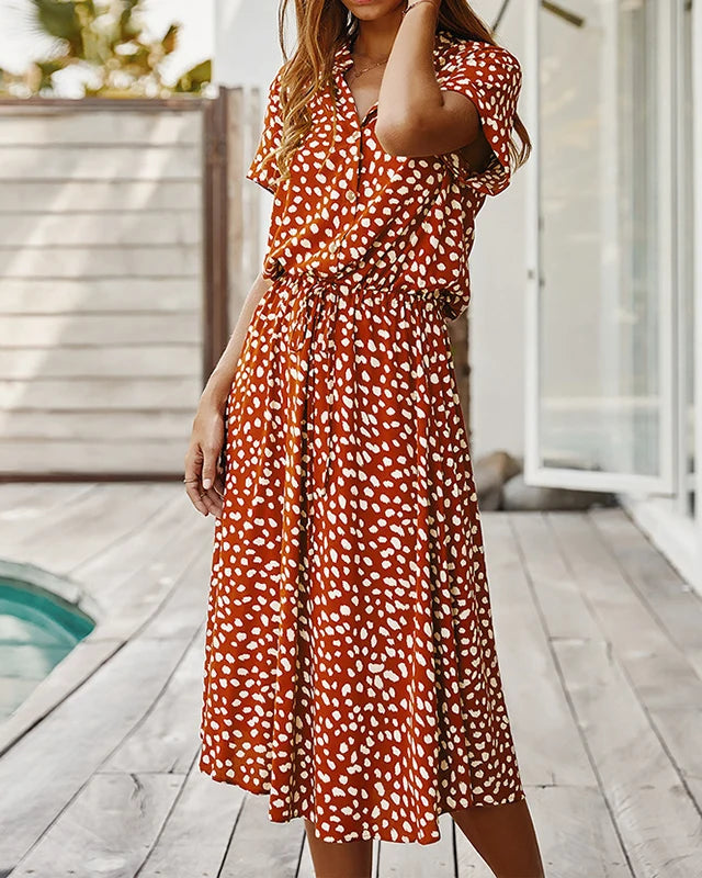 Polka Dot Short Sleeve Drawstring High-Waist Dress