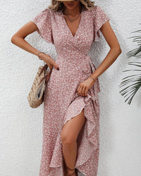 Floral print V-neck A-line midi dress with lace-up high waist and flare sleeves. Lightweight polyester — casual beach and office style for summer wear.