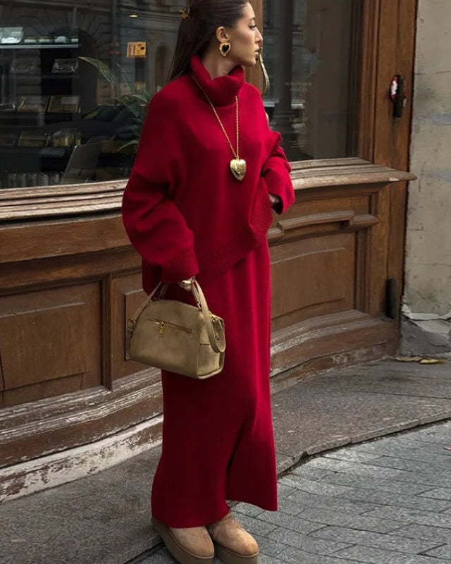 Turtleneck Knit Sweater Midi Skirt Set