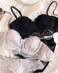 Lace Embroidery Half-Cup Thin Push-Up Bra Set