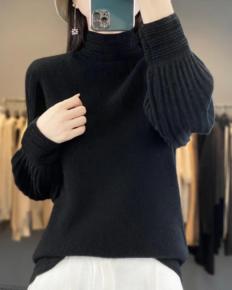Wool Half-High Collar Lantern Sleeve Knit Pullover