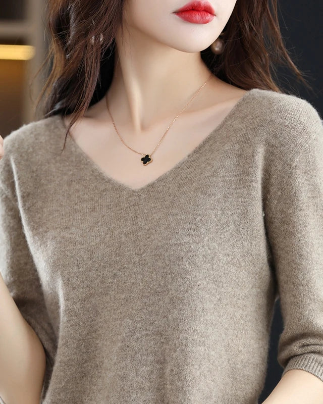 Merino Wool V-Neck Short Sleeve Pullover