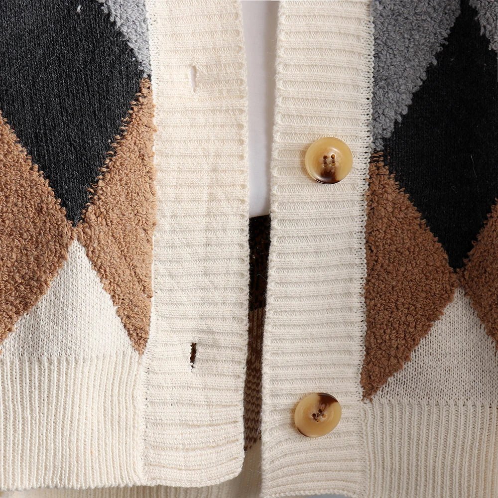 Fleece Patchwork Vintage V-Neck Short Cardigan