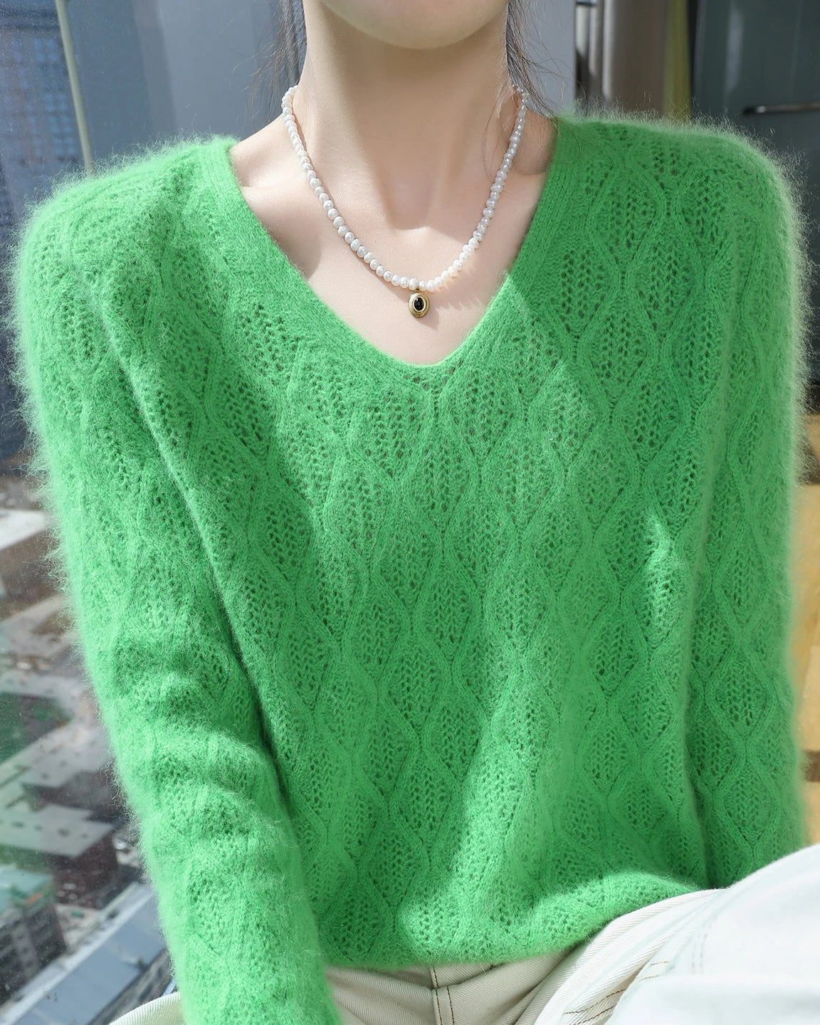 Openwork Mink Cashmere V-Neck Sweater
