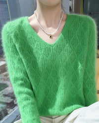 Openwork Mink Cashmere V-Neck Sweater