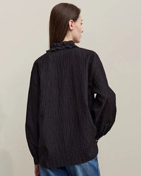 Ruffled V-Neck Long-Sleeved Loose-Fitting Shirt