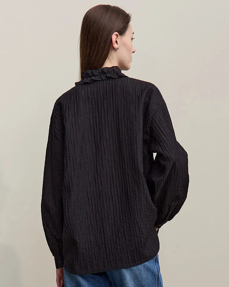 Ruffled V-Neck Long-Sleeved Loose-Fitting Shirt