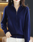 Merino Wool Solid Half-High Collar Zip Loose Knit Cardigan