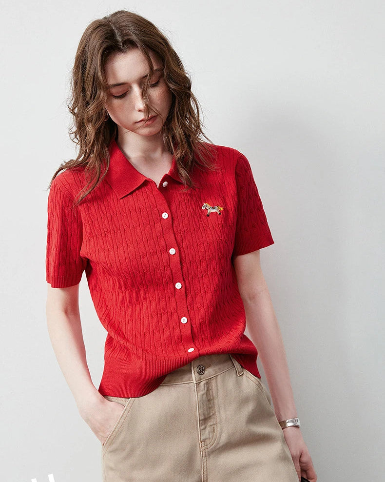 Ice Silk Cable Knit Polo Top