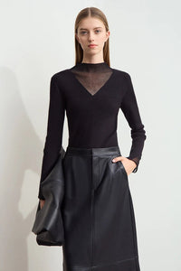 Turtleneck Sheer Panel Slim Top