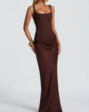 Solid Color Pleated Backless Fitted Evening Dress