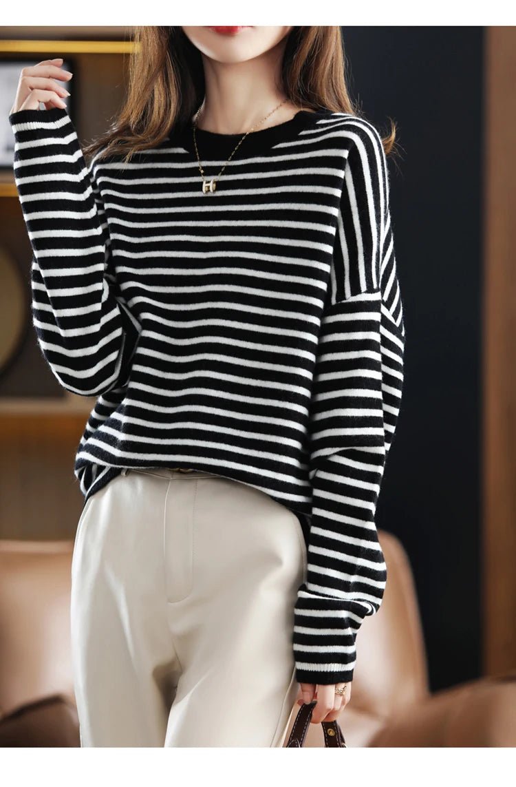Oversized Round-Neck Striped Wool Sweater Pullover