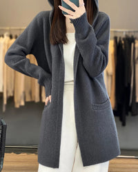 100% Merino Wool Hooded Loose Mid-Long Open Cardigan Coat