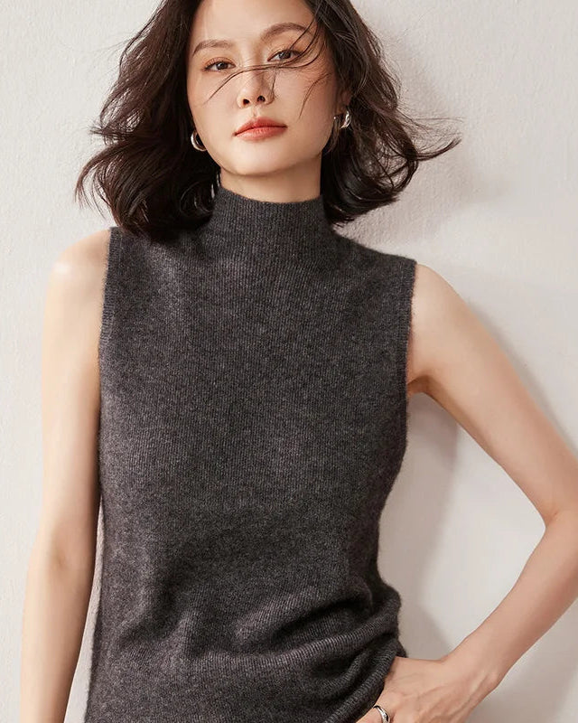 Cashmere Knitted Sleeveless Mock Neck Sweater