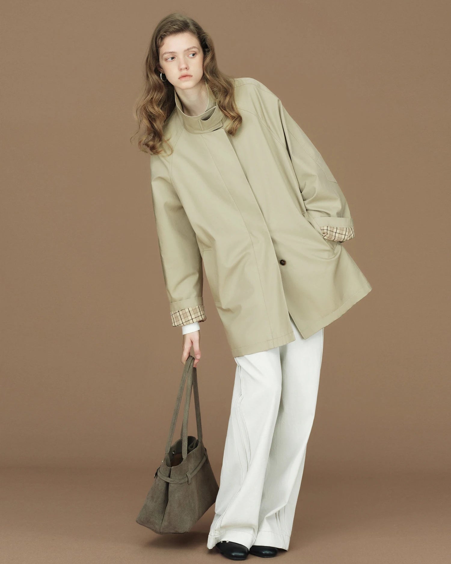 Contrast-Cuff Stand-Collar Short Trench Coat